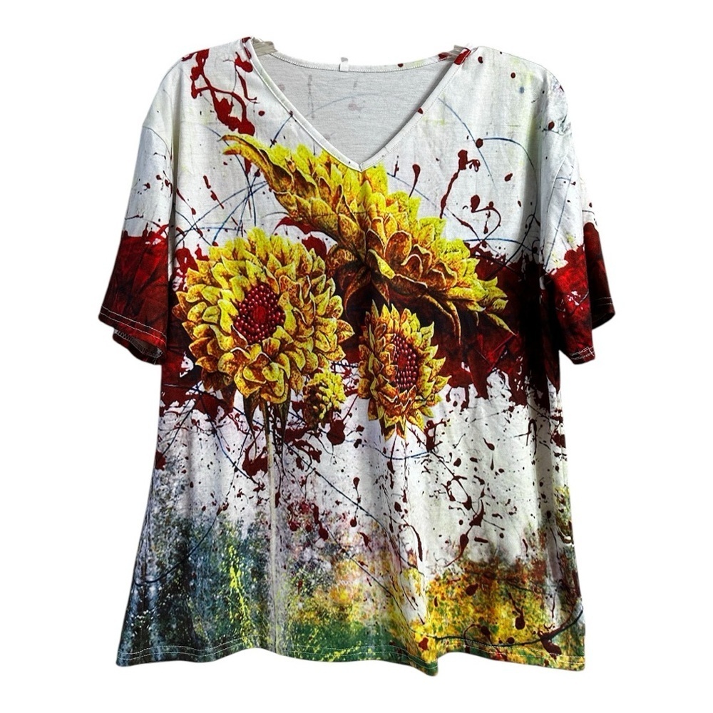 Women’s Vibrant Floral Sunflower V-Neck T-Shirt, Large - Picture 1 of 3